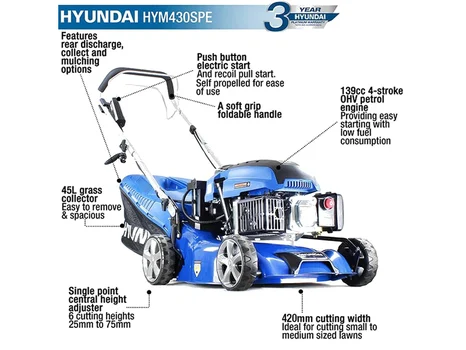 Hyundai HYM430SPE 139cc 430mm Self-Propelled Petrol Lawn Mower