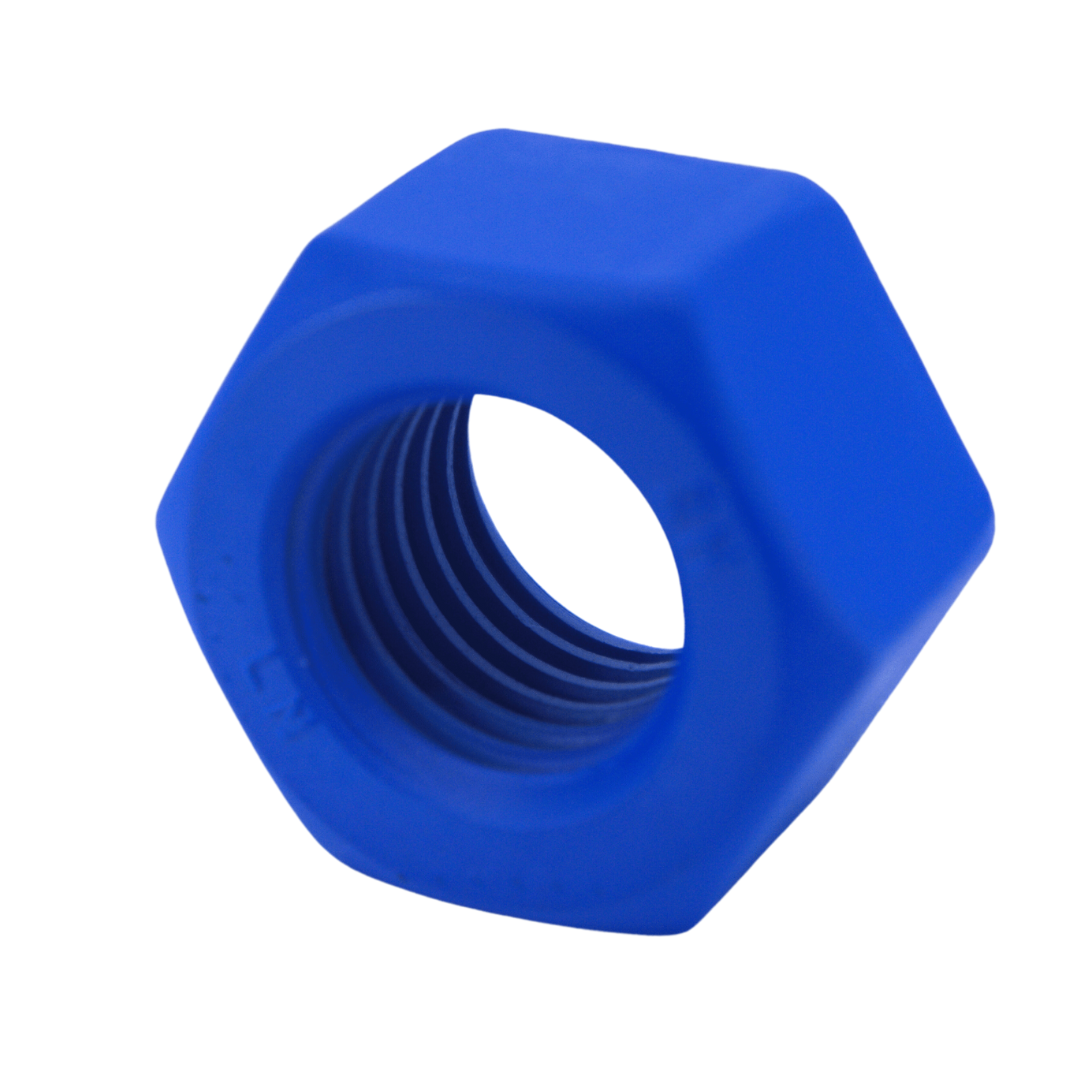 Heavy Hex Nut, PTFE Blue Coated Steel, ASTM A194 Grade 2H, 5/8-11 Thread Size