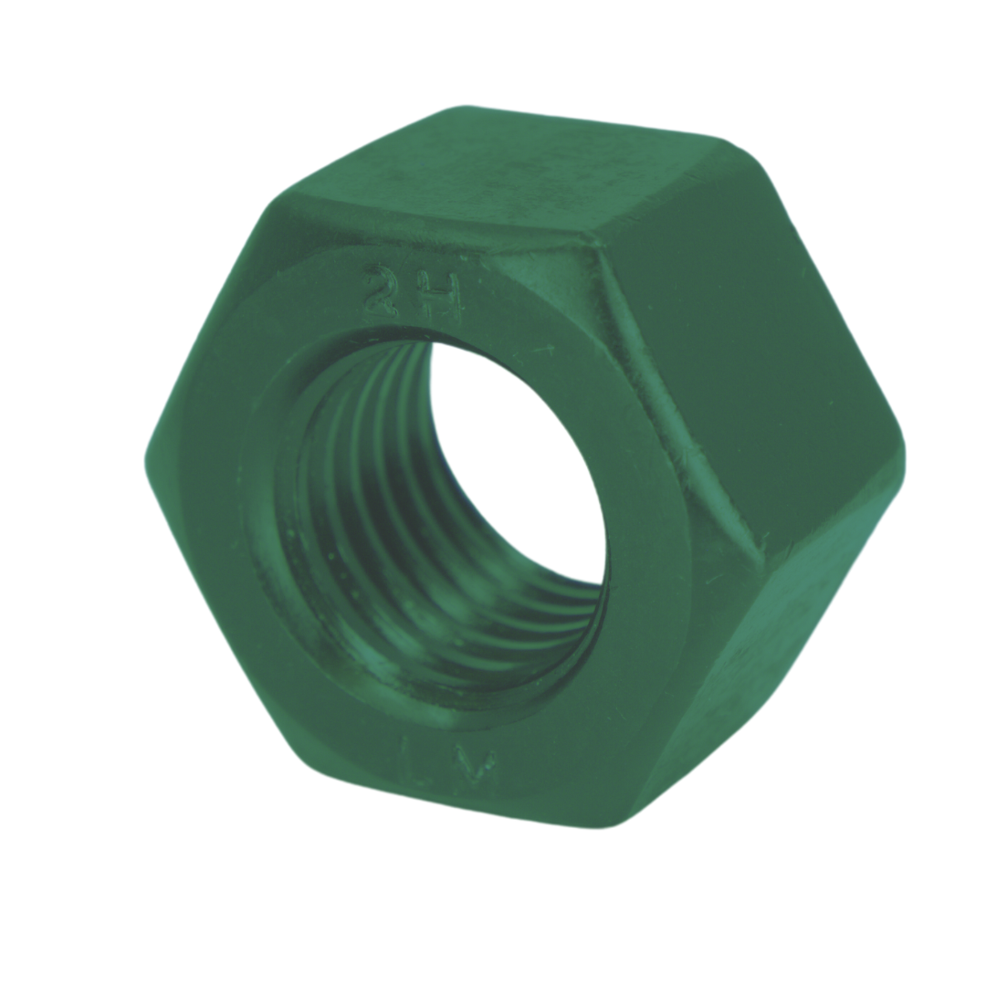 Heavy Hex Nut, PTFE Green Coated Steel, ASTM A194 Grade 2H, 1-8 Thread Size