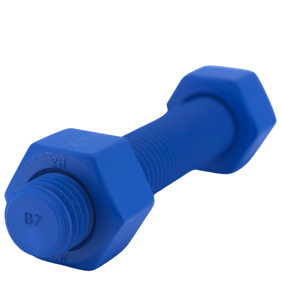 ASTM A193 B7 Threaded Stud Assembly with (2) A194 2H Nuts, Steel, PTFE Blue Coated, 8 1/4" Length (FTF), 7/8"-9 Thread Size