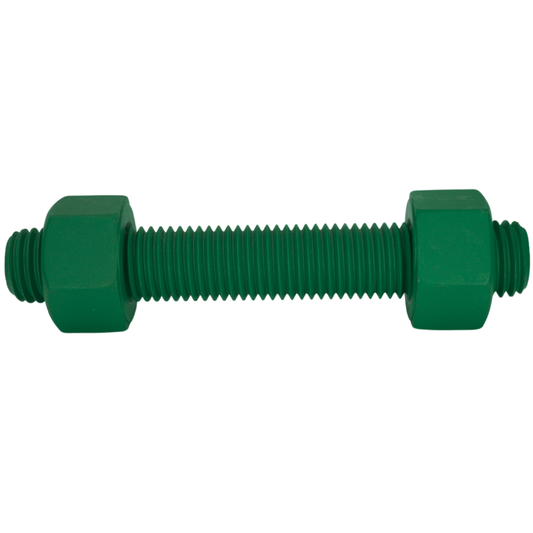 ASTM A193 B7 Threaded Stud Assembly with (2) A194 2H Nuts, Steel, PTFE Green Coated, 3 1/2" Length (FTF), 5/8"-11 Thread Size